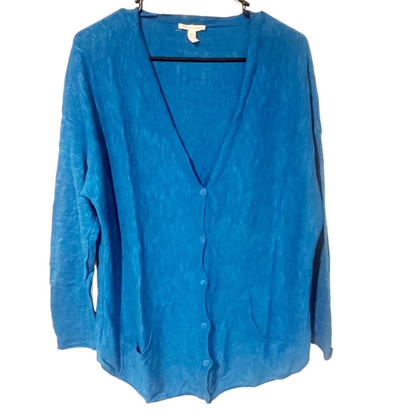 Eileen Fisher Size Medium Blue Linen Blend V Neck Button Cardigan Sweater - Picture 1 of 5